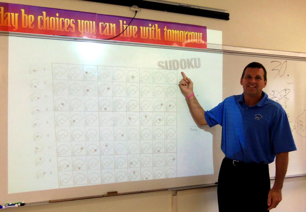 When he isnt helping students with math, Mr. Lou Skrapits invites students to join him in his Spartan Period offering of Sodoku. 
