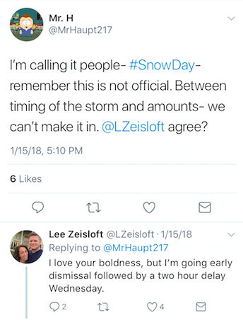 Mr. Haupt and Mr. Zeisloft debate the weather on their Twitter pages.