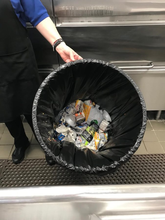 The amount of waste after a few students throw their food away. 