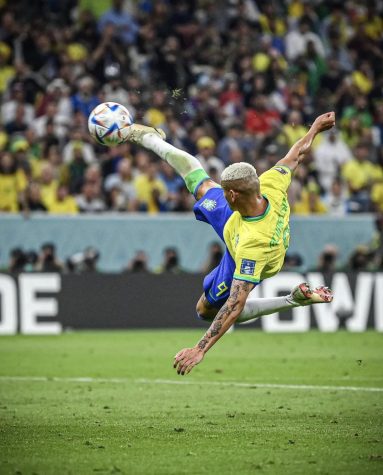 Brazils Richarlison de Andrade scores his first of 2 goals against Serbia in the group stage with an impressive scissor kick. Photo credit: 433 via Instagram.